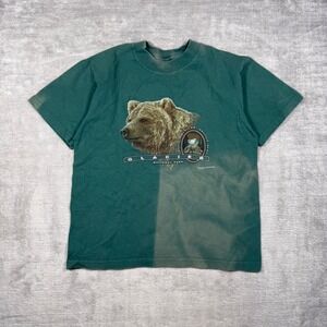 Glacier National Park Shirt Youth Medium Green Grizzly Bear Nature Faded